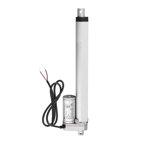 Beefy 12V 750N Linear Actuator With 50 to 300mm Stroke And 10 mm Per Second Speed Aluminum Housing IP54 IP65 Worksite Ready Front And Rear Mount Brackets For Easy Install Heavy Duty Industrial Grade Motion Device, silver body with wired leads