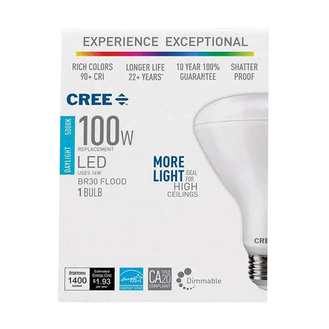 Packaging of BR30 Indoor Flood LED Bulb 100W Equivalent, Dimmable, 1400 Lumens, Daylight 5000K, 90 Plus CRI, single bulb shown