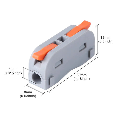 Side view of XHF 31PCS lever wire nut inline connector, gray with orange lever, for 28-12 AWG.