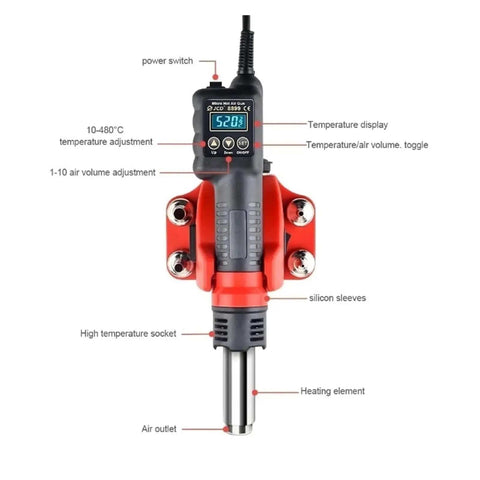 2 In 1 Soldering Station With Hot Air Gun Digital Display Temperature Readout Celsius Fahrenheit, red design, labeled parts