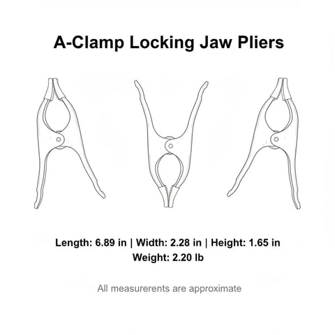 Kick Ass A-Clamp Locking Pliers Made From Tough Alloy Steel. Side view and front view, dimensions 6.89x2.28x1.65 inches.