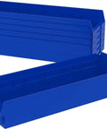 Heavy Duty Plastic Shelf Bins 24-Inch By 8-Inch By 4-Inch In Blue, 6 Pack, front view, stack of durable storage bins for garage and office