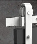 Detail of Heavy Duty Double Bypass Sliding Barn Door Hardware Kit With Low Profile Flat Track System gliding smoothly on track.