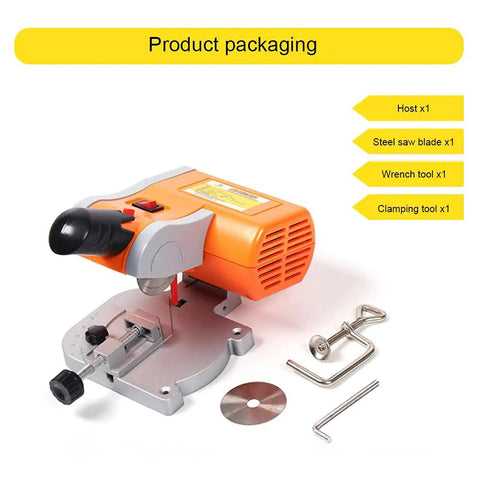 Compact 45 Degree Mini Benchtop Cut Off Saw with clamping tool and accessories, 7800 RPM, for wood, metal, and plastic cutting