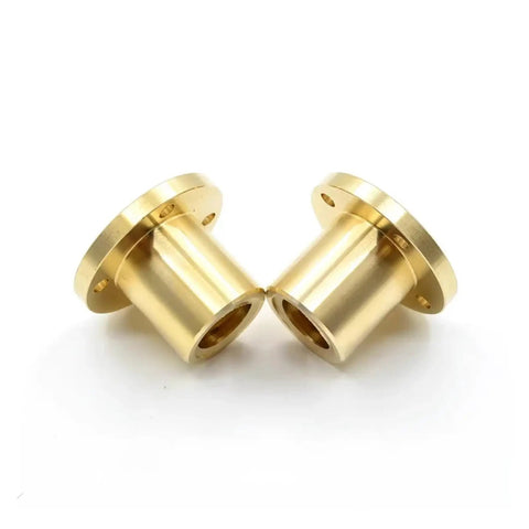 Two brass nuts with a smooth finish, designed for T20 trapezoidal lead screws and CNC applications.