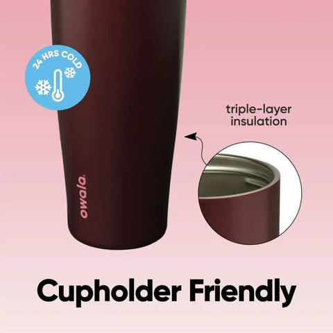 FreeSip Insulated Stainless Steel Tumbler With Built In Straw 40oz in Black Cherry showing cupholder friendly design.