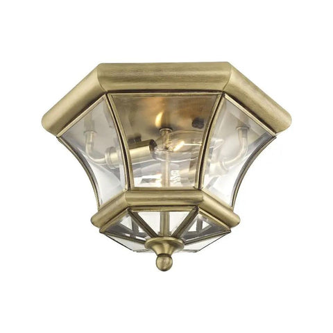 Monterey Two Light Outdoor Indoor Flush Mount In Polished Brass Finish Solid Brass Fixture With Clear Beveled Glass Classic Old School Vibe