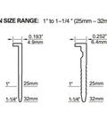 Diagram showing pin size range of 1 to 1-1/4 inches for Pro Grade Pneumatic 20 Gauge L Cleat Flooring Nailer For Tongue And Groove DIY Friendly Hardwood Installs One And A Quarter Inch Cleats Glue Collated Durable Steel Drive Blade And Anodized Aluminum Body.