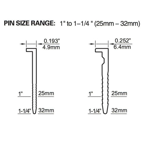 Diagram showing pin size range of 1 to 1-1/4 inches for Pro Grade Pneumatic 20 Gauge L Cleat Flooring Nailer For Tongue And Groove DIY Friendly Hardwood Installs One And A Quarter Inch Cleats Glue Collated Durable Steel Drive Blade And Anodized Aluminum Body.