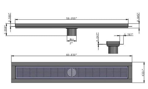 Built Like A Tank Extra Thick Six Gauge Stainless Steel Linear Shower Drain Kit Featuring Brushed Wedge Grate dimensions drawing