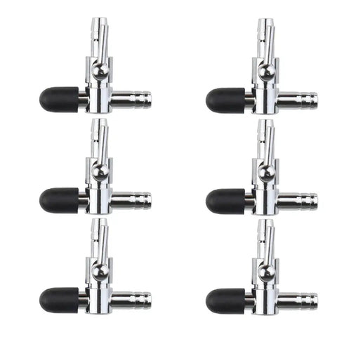 Six silver inline air flow control T valves for aquarium with black levers, part of the Air Flow Control T Valve For Aquarium And Fish Tank Aeration Single Way Lever Inline Valve Fits 4x6mm Air Tubing Easy Flow Regulator For Oxygenation And Aerator Setup Durable 6 Pack.