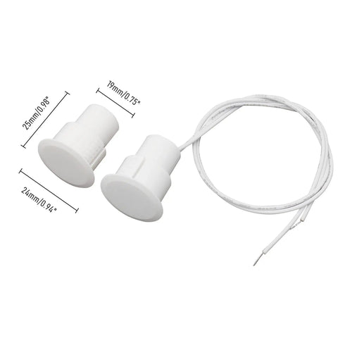 Recessed wired door contact sensor size 19x25mm, white ABS housing, normally open magnetic switch for security upgrades.