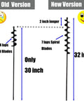 Comparison of old and new versions of extended length garden auger drill bit for planting bulbs and bedding plants with stand up digging, 32 inch by 2 inch, solid barrel, three eighths inch hex drive, earth auger bulb planter tool for easy back saving, showing dimensions and spiral blades.