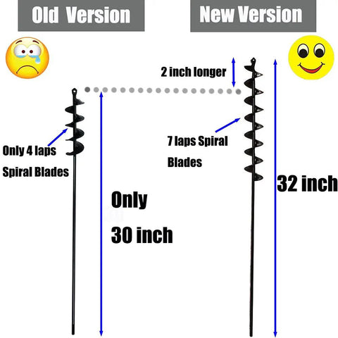 Comparison of old and new versions of extended length garden auger drill bit for planting bulbs and bedding plants with stand up digging, 32 inch by 2 inch, solid barrel, three eighths inch hex drive, earth auger bulb planter tool for easy back saving, showing dimensions and spiral blades.
