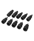 Rock Solid 10PC Socket Adapter Set With 1/2 Inch Drive Bit Holder Featuring T20 To T70 Star Head Screwdriver Bits Made From Heavy Duty Chrome Vanadium Steel For All Your Tough Jobs And Serious DIY Repairs This Kit Is A Total Game Changer For Any Garage. 10 black socket adapters on white background