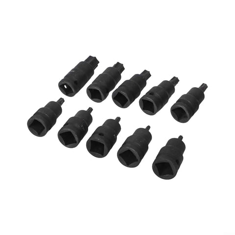 Rock Solid 10PC Socket Adapter Set With 1/2 Inch Drive Bit Holder Featuring T20 To T70 Star Head Screwdriver Bits Made From Heavy Duty Chrome Vanadium Steel For All Your Tough Jobs And Serious DIY Repairs This Kit Is A Total Game Changer For Any Garage. 10 black socket adapters on white background