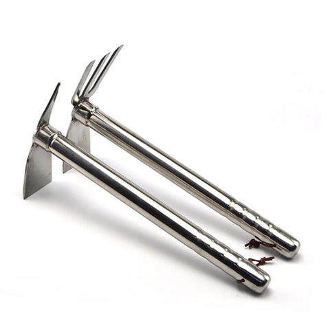 Double Use Garden Hoe And Pickaxe Stainless Steel Handheld Tool For Weeding And Cultivating, showcasing dual ends on white background.