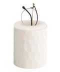 Plush Lined Eyeglasses Holder And Glasses Stand For Desk Or Nightstand Slick Easy Access Anti Scratch Protective Case Tabletop Storage Organizer In Ivory One Size For Office Use with glasses placed inside.