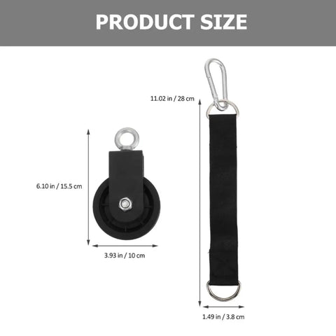 Pro Grade Gym Cable Pulley Attachment With Nylon Rope And Lifting Strap Smooth Sliding Flexible Quiet Easy To Use dimensions shown