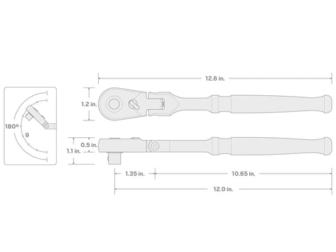Diagram of 3/8 Inch Drive 12 Inch Flex Head Quick Release Long Ratchet With 180 Degree Flex 9 Detent Angles And 90 Tooth Gear