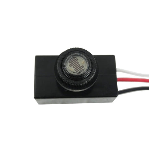 Close-up of 2 Pack DC 8-50V Photoelectric Light Control Switch Dusk To Dawn Sensor For Outdoor Lighting, 5A Photocell Switch, three-wire install.