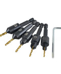 Six titanium-coated countersink drill bits with hex shanks and included hex key for woodworking.