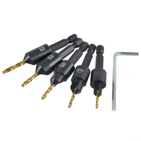 Six titanium-coated countersink drill bits with hex shanks and included hex key for woodworking.