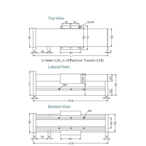 Technical drawing of Kickass Precision Ball Screw And Linear Guide Rail Kit With Sealed Sliding Table dimensions and views.