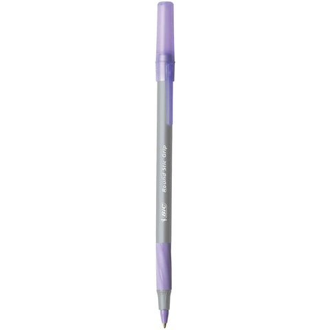 Round Stic Grip Xtra Comfort Fashion Ball Point Pen With Soft Grip For All Day Comfort And Smooth Writing 1.2mm Medium Point Great For Home School Office Purple Ink 12 Pack with purple soft grip and cap.