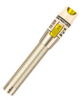 Visual Fault Locator fiber optic tester pen, gold metal body with knurled grip and yellow window, angled view.