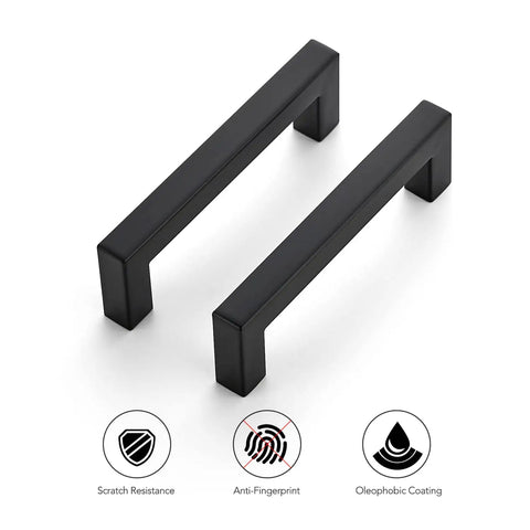 Pair of 12 Pack 4 Inch Square Cabinet Handles Matte Black Pulls For Kitchen Cupboards And Drawers, with anti-fingerprint icons