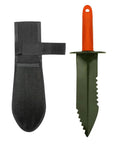 Prospector's Serrated Edge Digger Compact Shovel Trowel For Gardening And Metal Or Gold Prospecting And Detecting Includes Belt Loop Sheath With Oversized Comfort Grip And Carbon Steel Build showing tool and sheath