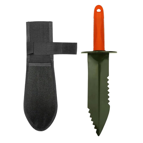 Prospector's Serrated Edge Digger Compact Shovel Trowel For Gardening And Metal Or Gold Prospecting And Detecting Includes Belt Loop Sheath With Oversized Comfort Grip And Carbon Steel Build showing tool and sheath