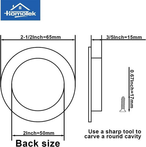 Diagram of Four Pack Round Sliding Closet Door Handles With Two And A Half Inch Diameter Flush Pocket Recessed Pulls dimensions.
