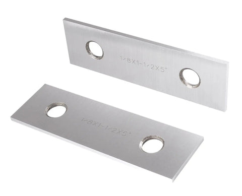 Garage Ready Premium Workshop Grade Precision Machinist Parallels Eighth Inch Thick Five Inch Long Ten Matched Pair Drill Press Layout Blocks Hardened Tool Set, steel layout blocks close-up with round holes.