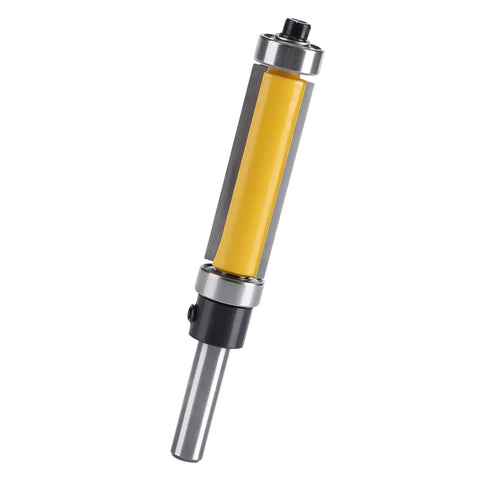 Kick Your Woodworking Game Up A Notch With This Sweet 1-1/2 Inch Flush Trim Router Bit showing carbide tip and dual bearings.
