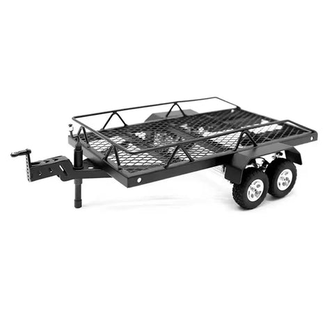 Heavy Duty Metal Rc Crawler Trailer Cargo Carrier Box For One Twenty Four Scale Remote Vehicles Solid Steel Hauler Kit with mesh design and hitch.