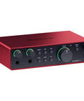Scarlett 2i2 4th Gen USB Audio Interface Bundle with studio-grade mic preamps and control knobs in red housing