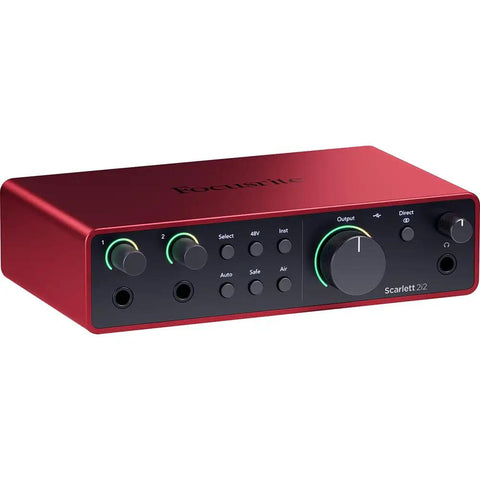 Scarlett 2i2 4th Gen USB Audio Interface Bundle with studio-grade mic preamps and control knobs in red housing