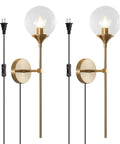 Slick Modern Long Globe Plug In Wall Sconce Lights Set Of 2 With Clear Glass Globes Brass Gold Finish 2 In 1 Plug In Or Hardwired