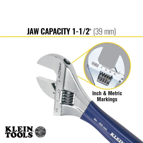 Extra Wide Jaw Adjustable Wrench 8 Inch Forged Drive Tool With High Polish Chrome Finish Built For Tight Spaces One And A Half Inch Jaw Capacity showing inch and metric markings.