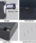 Details of Watertight IP67 Junction Box For DIY Projects, Tough As Nails ABS Plastic Electronic Enclosure Case, Weatherproof Indoor Outdoor Project Box In Black, 7.87 x 4.72 x 2.20 Inches, Dust Tight And Moisture Proof showing thickness 3mm, copper nuts, and stainless steel screws.