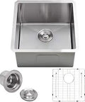 Bar Prep Sink 18 Inch Undermount Single Bowl In 18 Gauge T304 Stainless Steel With Satin Finish, shown with strainer and grid