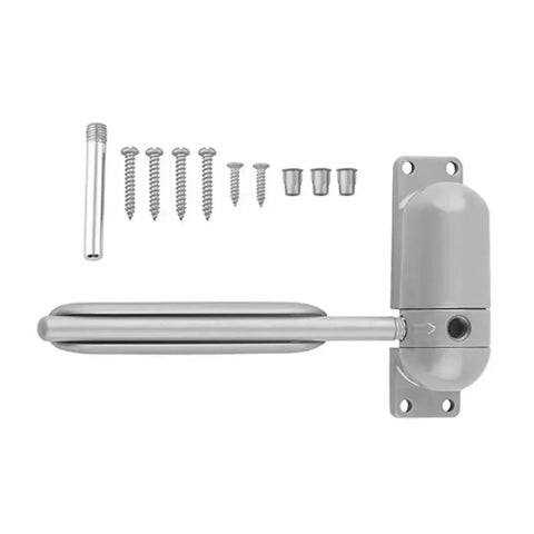 Compact Mini Automatic Spring Door Closer Set In Gray Finish With Adjustable Stopper For Indoor And Outdoor Doors No Fuss Auto Close