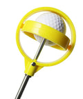 Close-up of extendable golf ball grabber tool with auto head release, stainless construction, yellow finish, holding a golf ball.