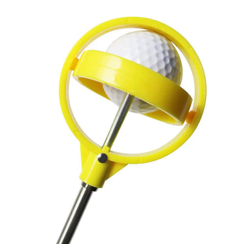 Close-up of extendable golf ball grabber tool with auto head release, stainless construction, yellow finish, holding a golf ball.