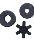Flexible Beefy One Half Inch To Three Quarter Inch L Jaw Coupling Set Three Piece With Buna N Rubber Spider, Gray Cast Iron HT250.