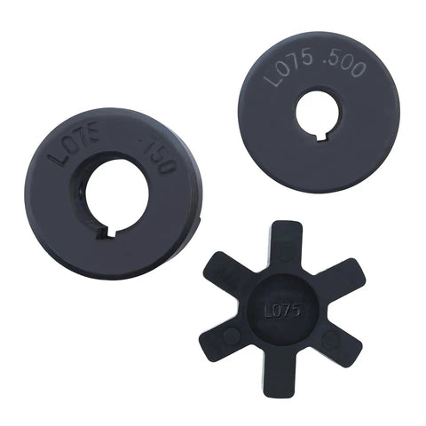 Flexible Beefy One Half Inch To Three Quarter Inch L Jaw Coupling Set Three Piece With Buna N Rubber Spider, Gray Cast Iron HT250.