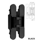 Three Dimensional Adjustable Invisible Hinge For Hidden Folding Doors Inner Opening Concealed Wooden Doors 180 Degree Swing Matte Black Hardware Easy To Install And Operate, shown in matte black with engineering diagrams