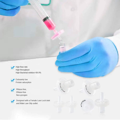 Person using Hydrophobic PTFE Syringe Filters 13mm Diameter 0.22 Micron Pore for Industrial Filtration with lab gloves and syringe